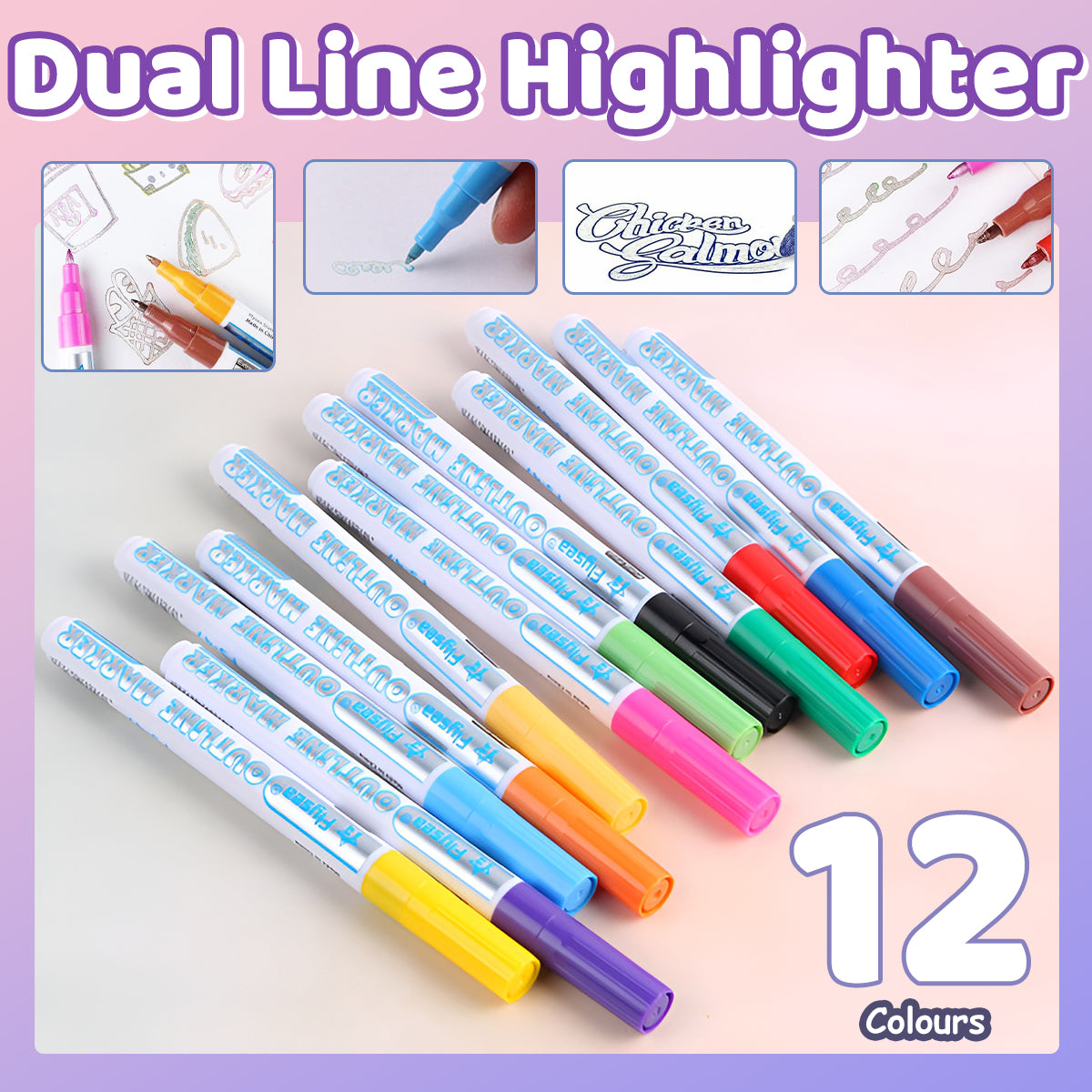 12 Colours Double Line Outline Marker Pens Water-Based