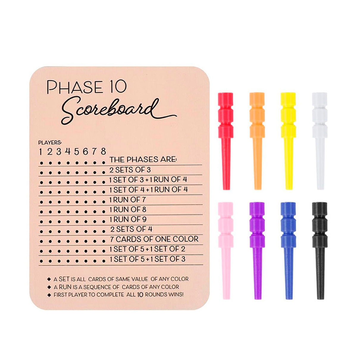 Reusable Wooden Phase 10 Scoreboard with Pegs for 8 Players