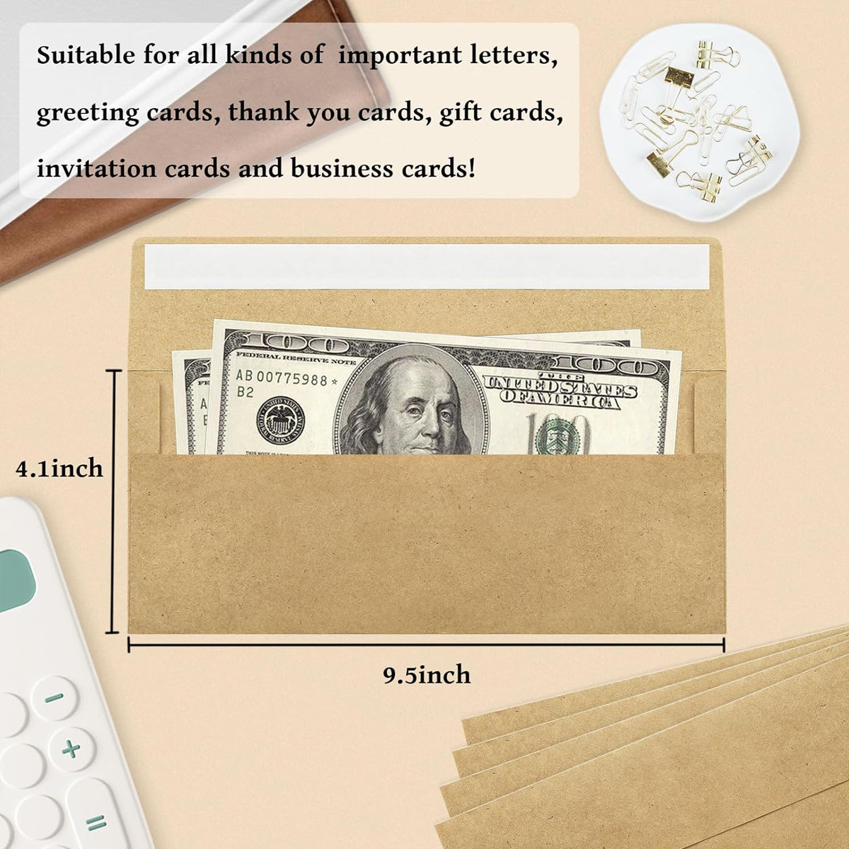 100 Pcs Kraft Self-Adhesive Envelopes for Office