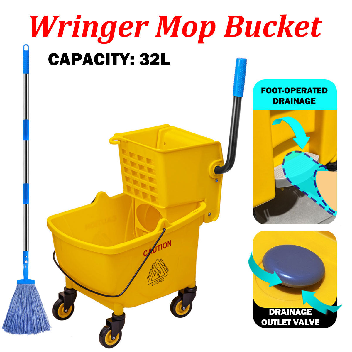 32L Wringer Mop Bucket with Rolling Wheels and Mop