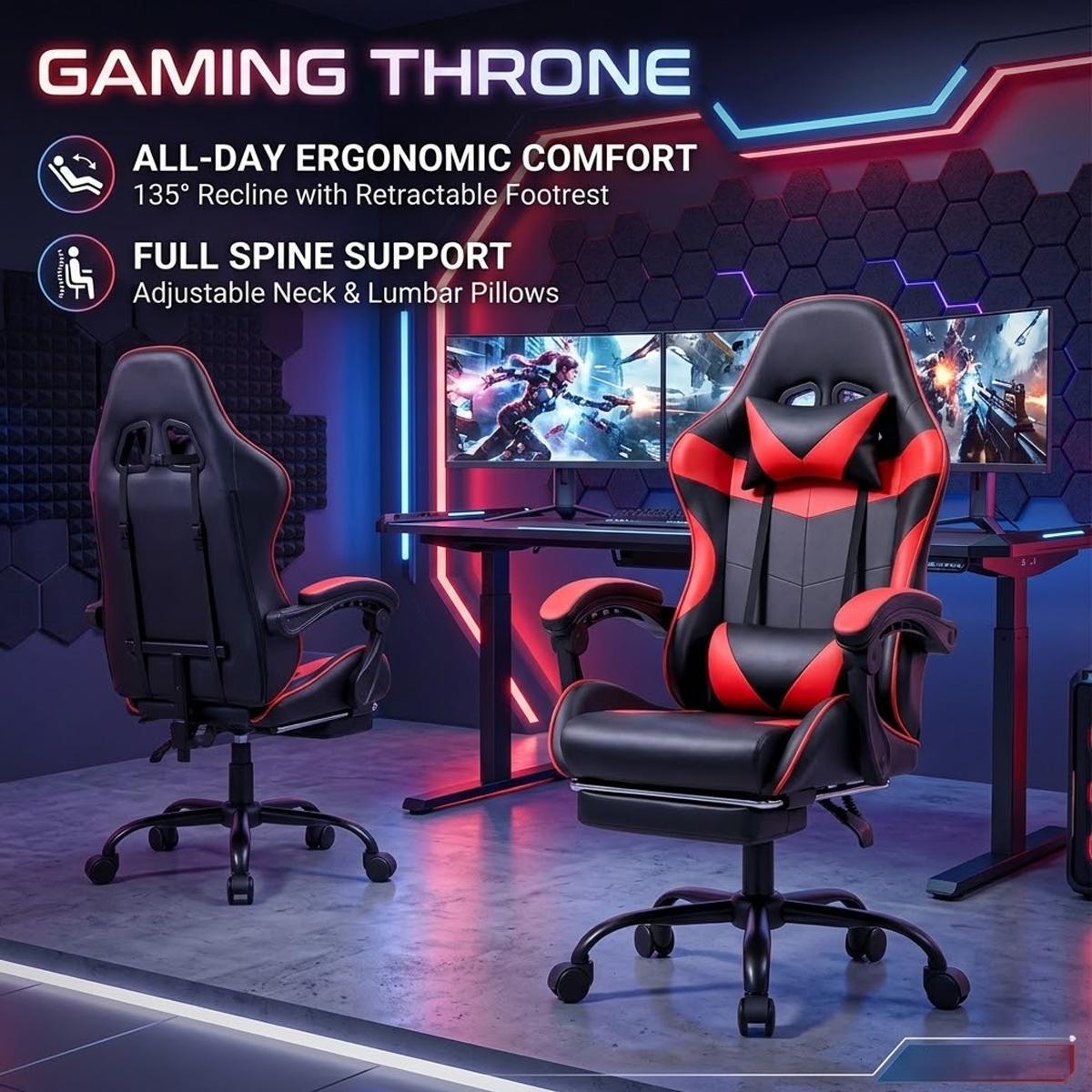 Black Red Gaming Chair with Retractable Footrest