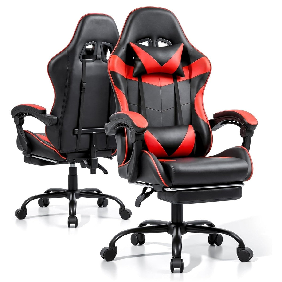 Black Red Gaming Chair with Retractable Footrest
