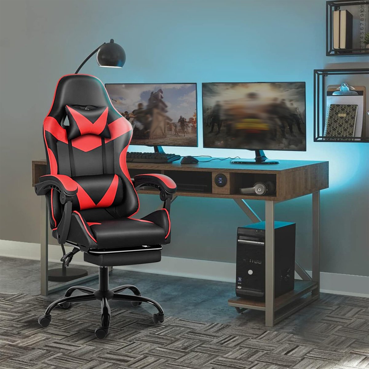Black Red Gaming Chair with Retractable Footrest