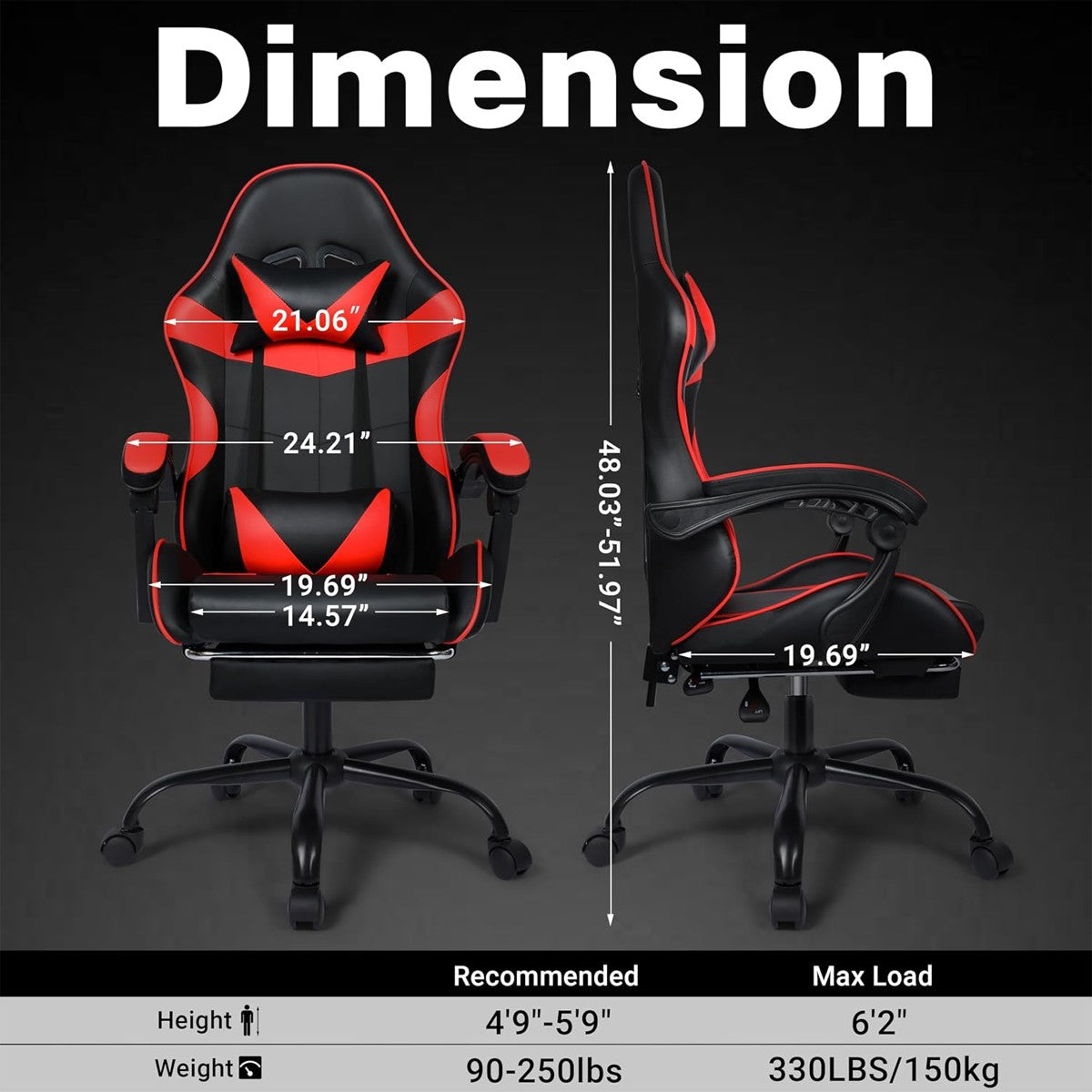 Black Red Gaming Chair with Retractable Footrest