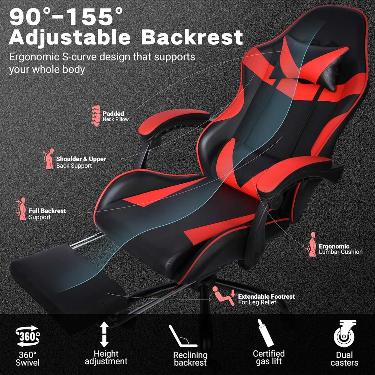 Black Red Gaming Chair with Retractable Footrest