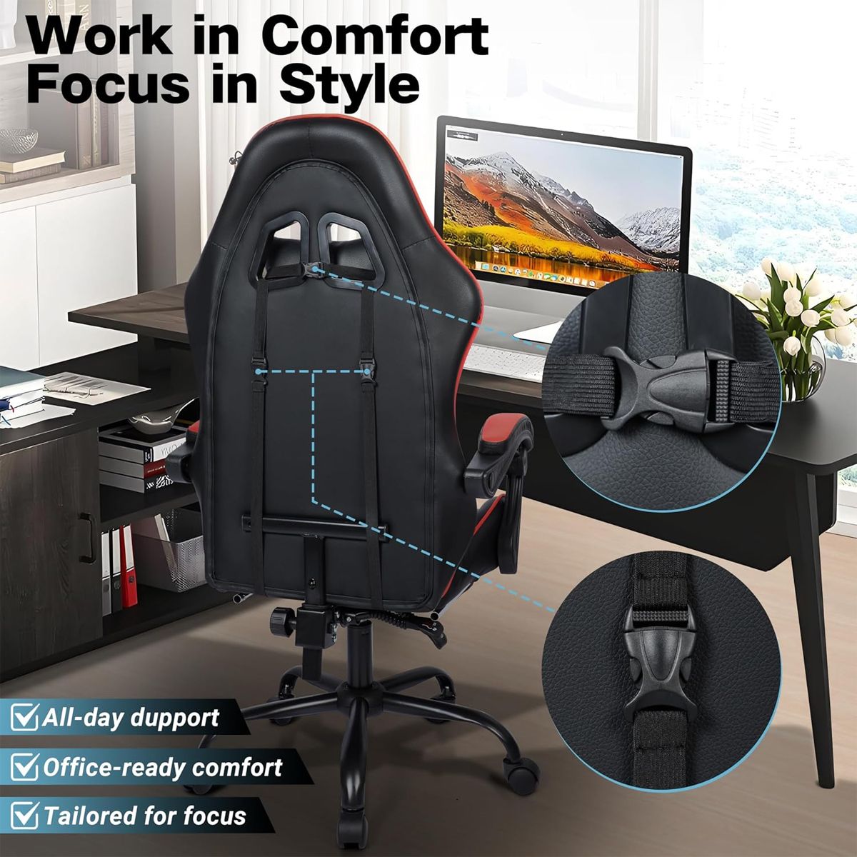 Black Red Gaming Chair with Retractable Footrest