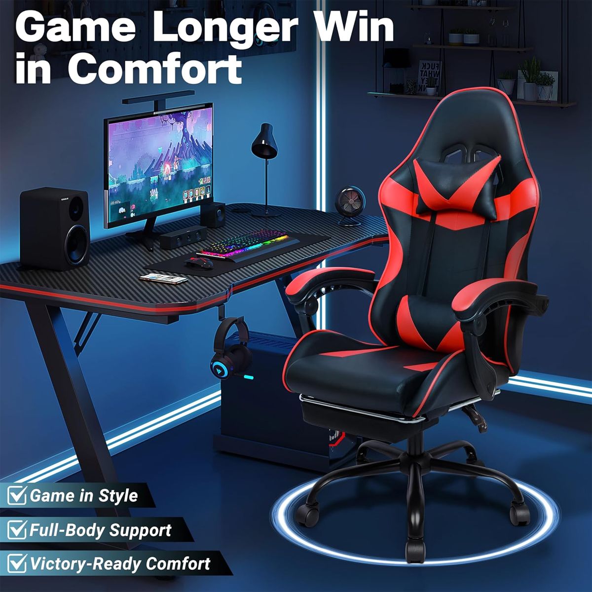 Black Red Gaming Chair with Retractable Footrest