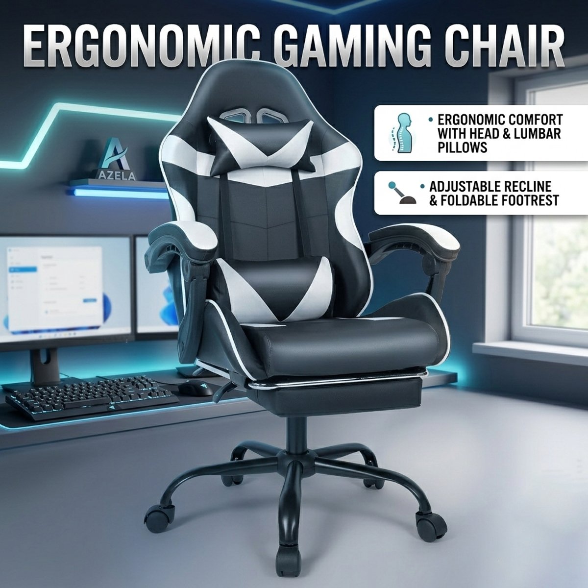Black White Gaming Chair with Foldable Footrest