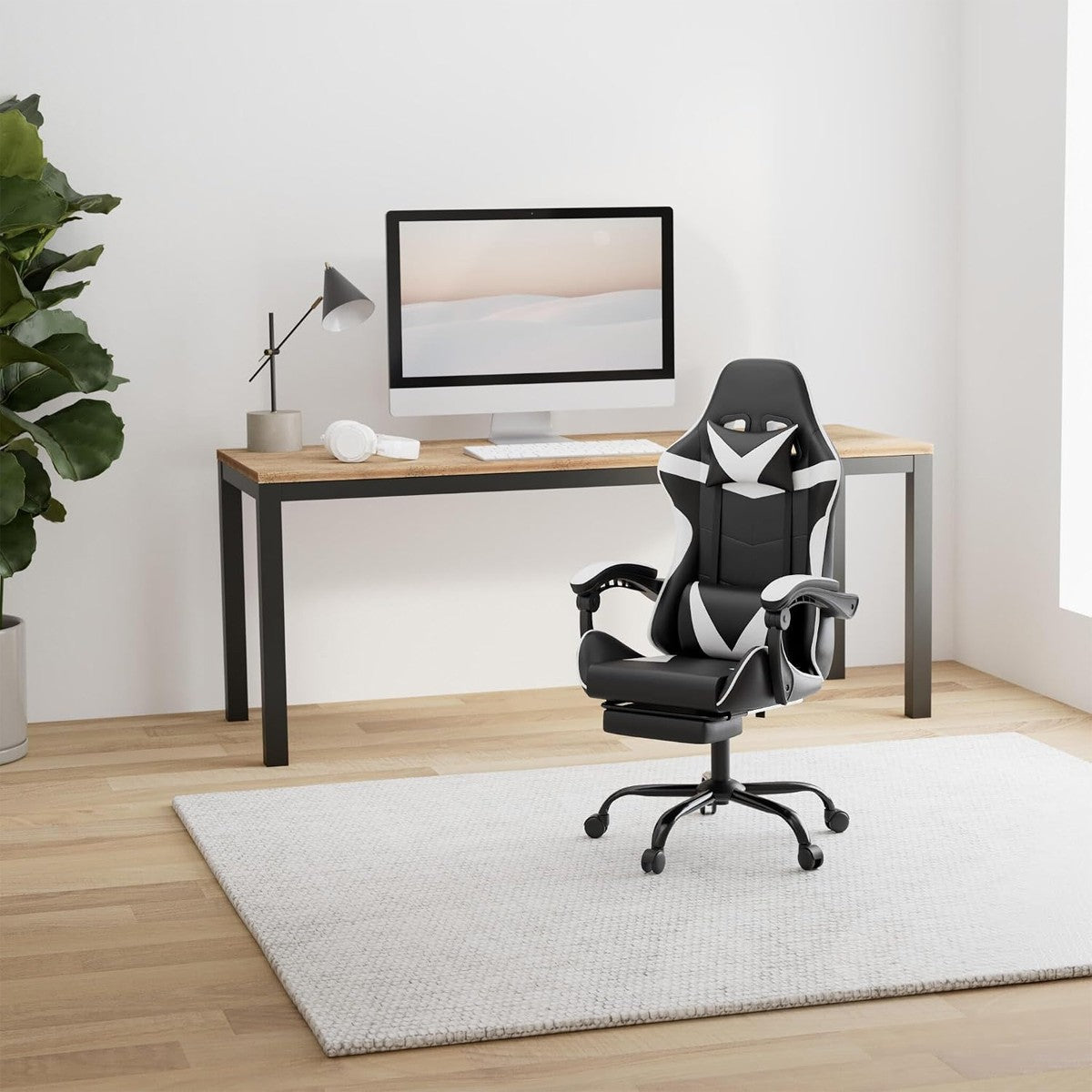Black White Gaming Chair with Foldable Footrest