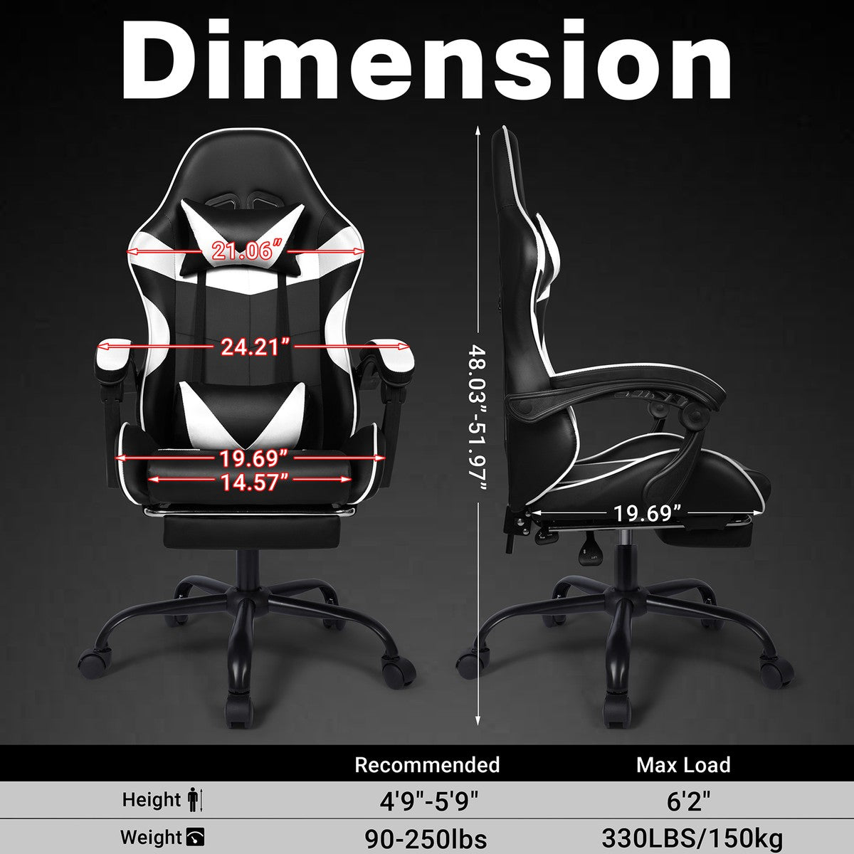 Black White Gaming Chair with Foldable Footrest