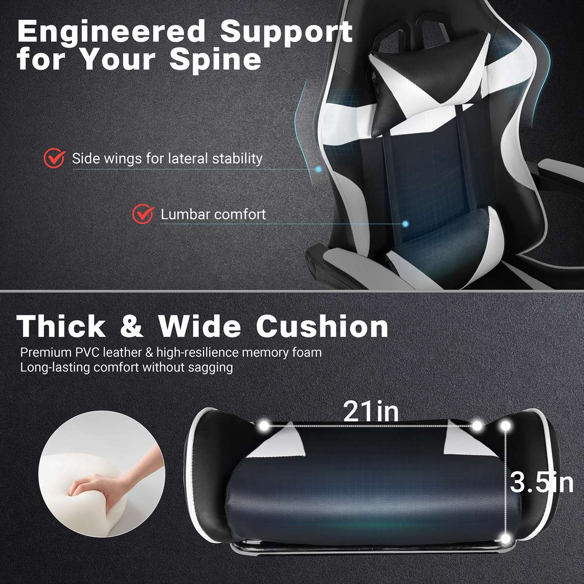 Black White Gaming Chair with Foldable Footrest