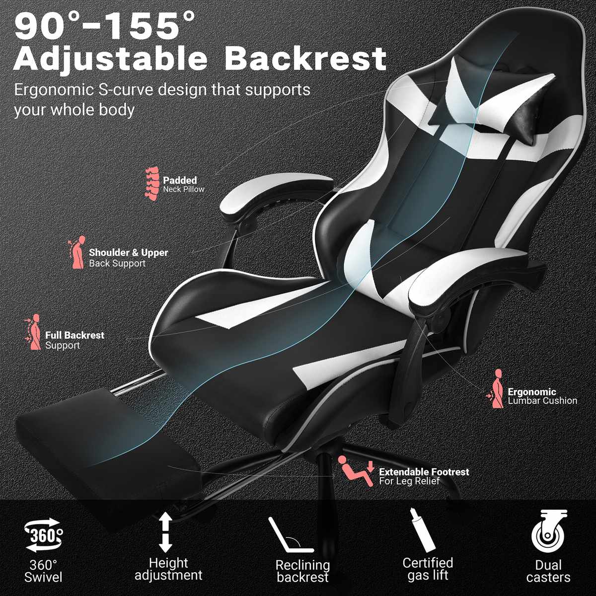 Black White Gaming Chair with Foldable Footrest