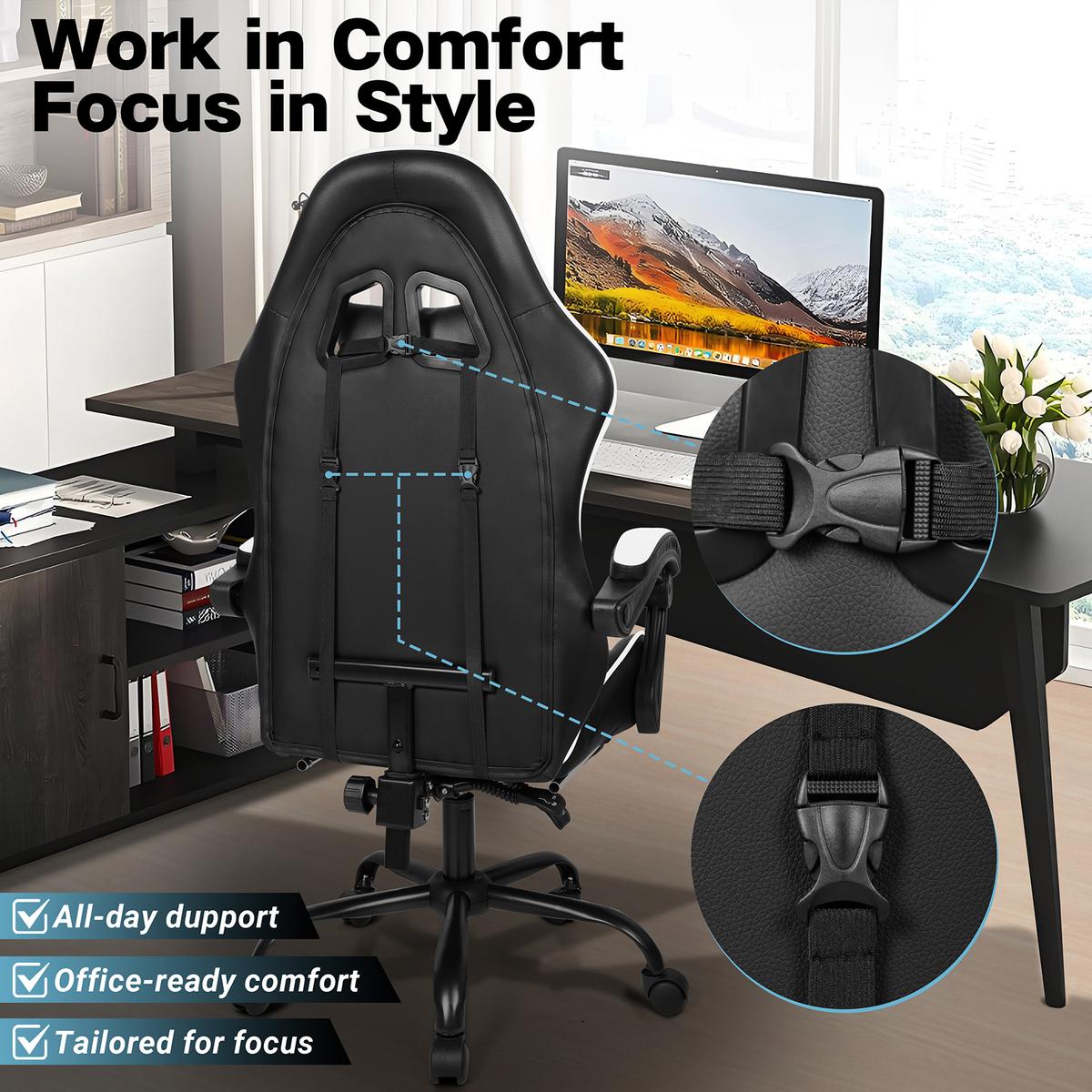 Black White Gaming Chair with Foldable Footrest