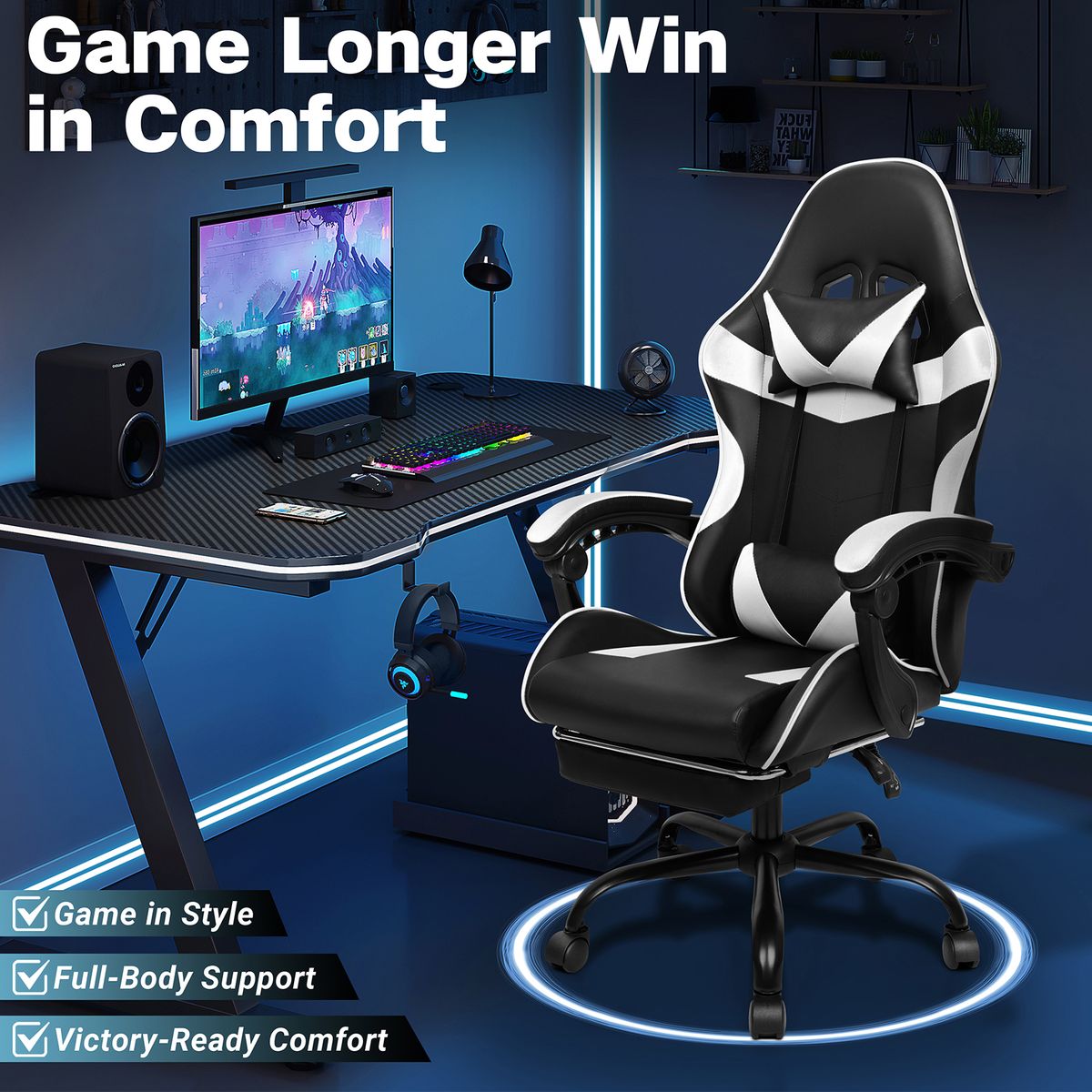 Black White Gaming Chair with Foldable Footrest