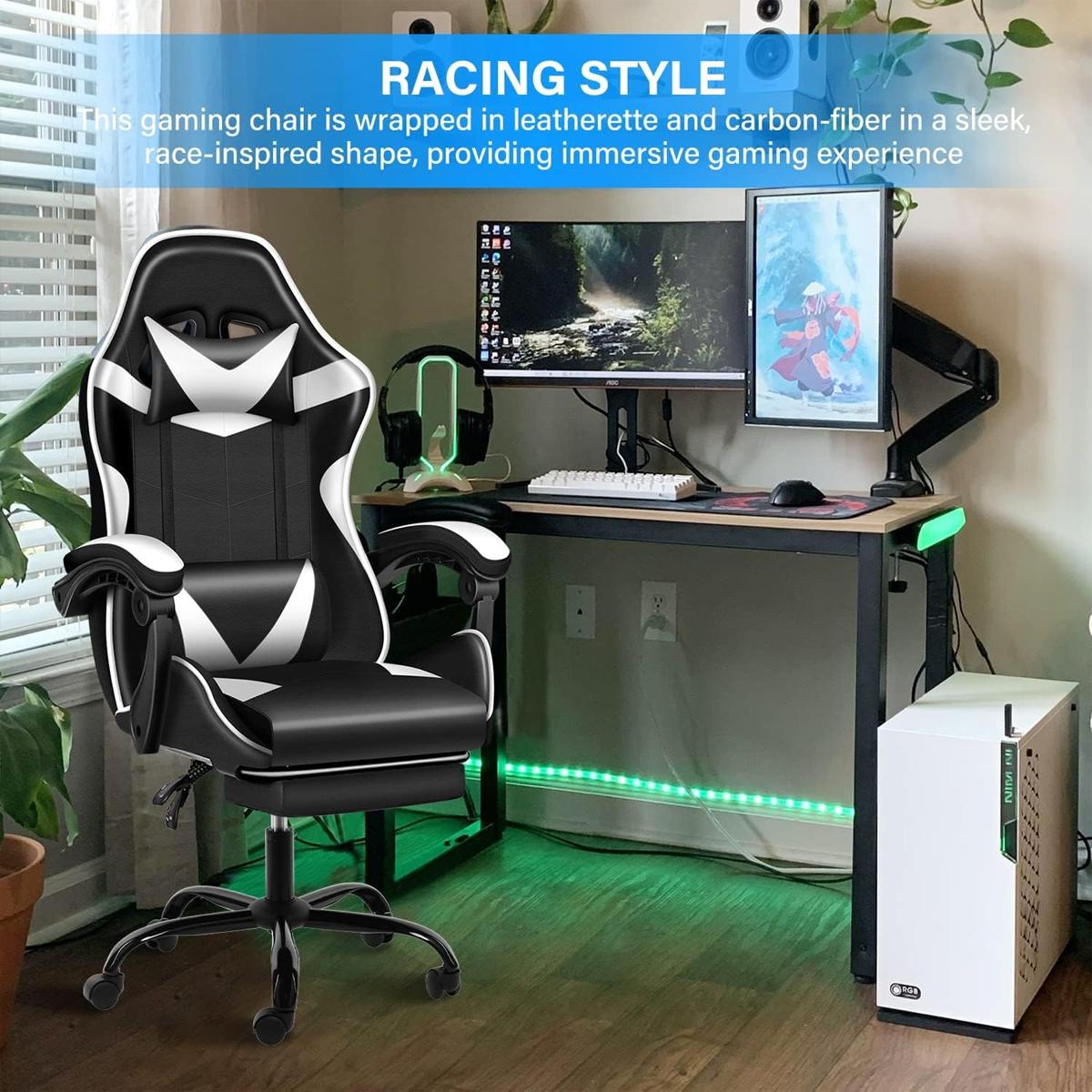 Black White Gaming Chair with Foldable Footrest