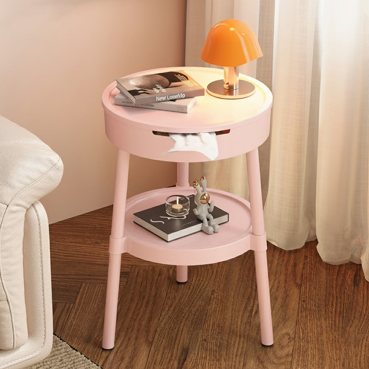 Minimalist Round Side Table with Tissue Box