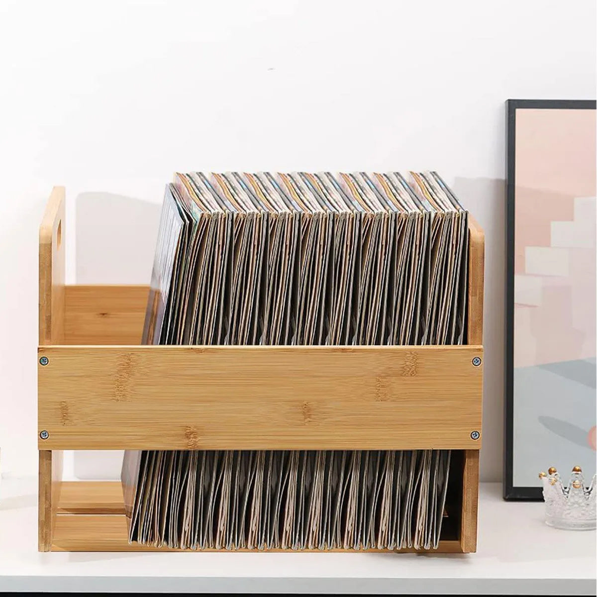 Bamboo Wood Vinyl Record Stand with Carry Handles