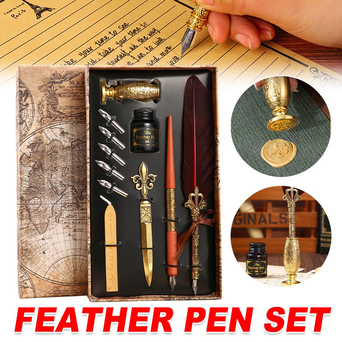 Vintage Feather Quill Pen Set with Ink Bottle and Tools