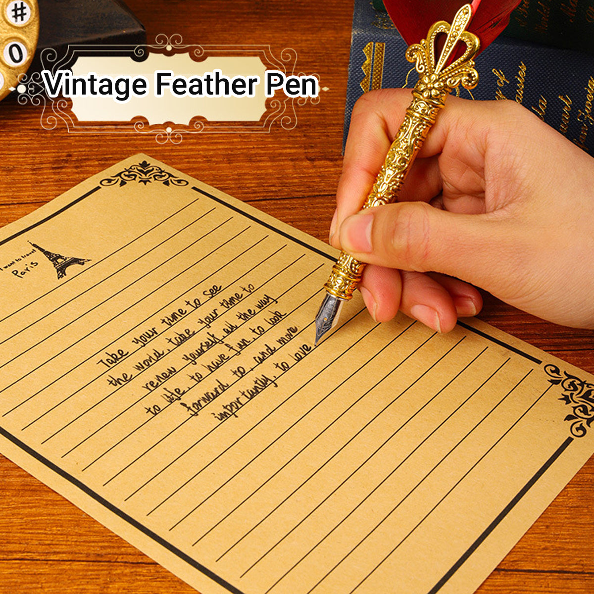 Vintage Feather Quill Pen Set with Ink Bottle and Tools