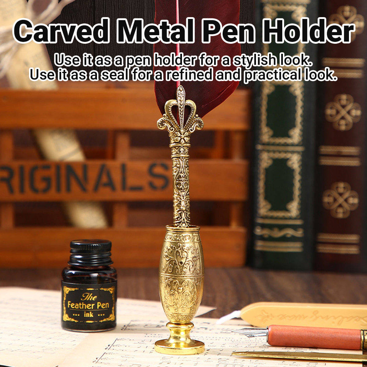 Vintage Feather Quill Pen Set with Ink Bottle and Tools