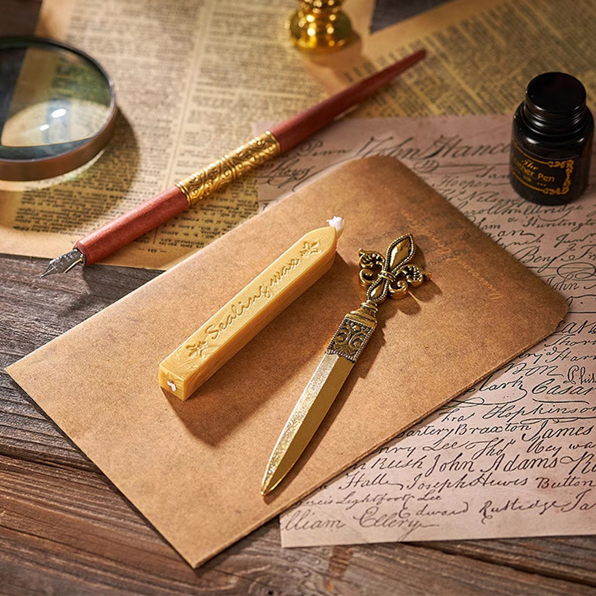 Vintage Feather Quill Pen Set with Ink Bottle and Tools