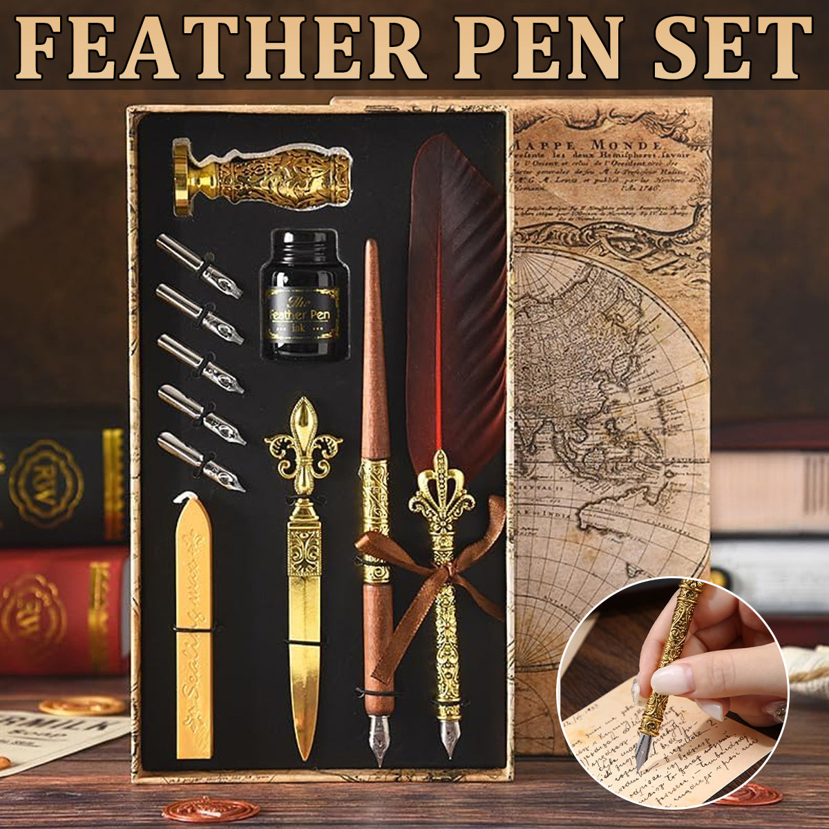 Vintage Feather Quill Pen Set with Ink Bottle and Tools