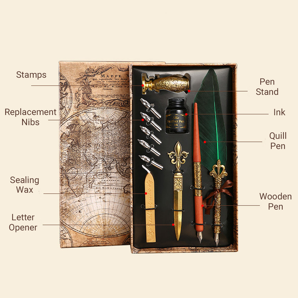 Vintage Feather Quill Pen Set with Ink Bottle and Tools