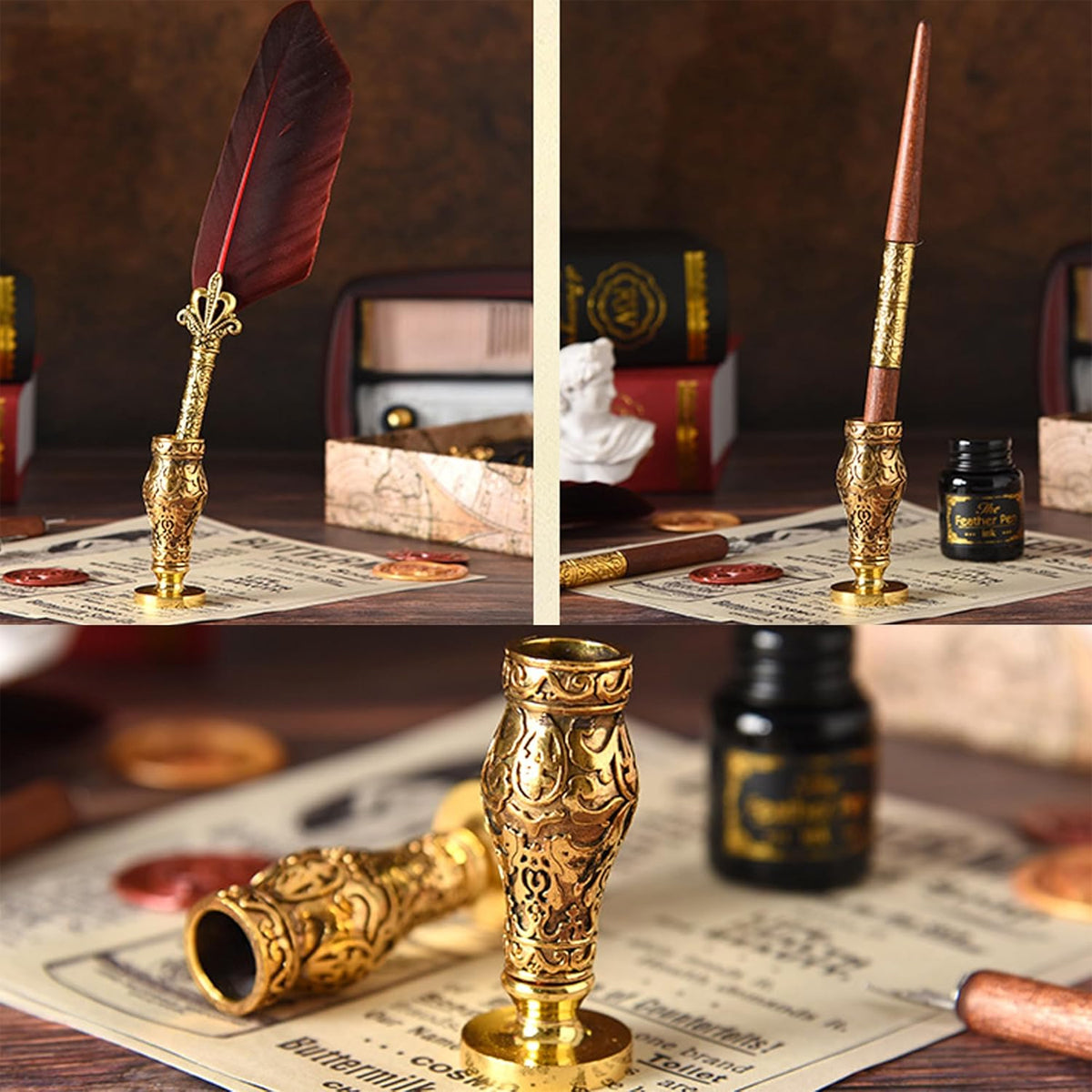 Vintage Feather Quill Pen Set with Ink Bottle and Tools