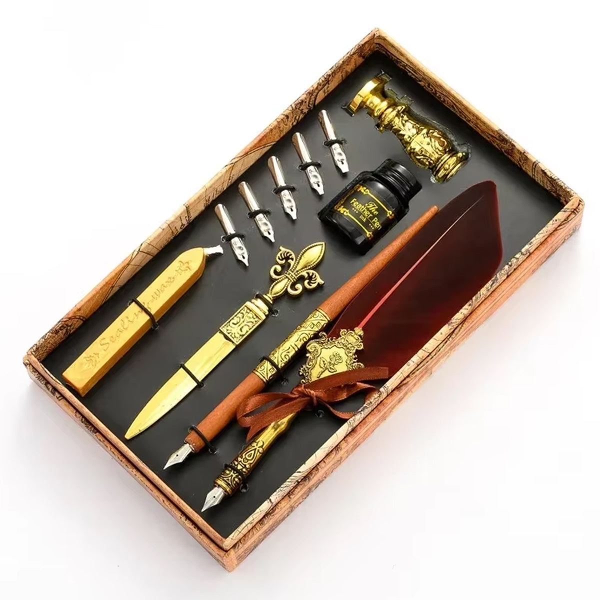 Vintage Feather Quill Pen Set with Ink Bottle and Tools