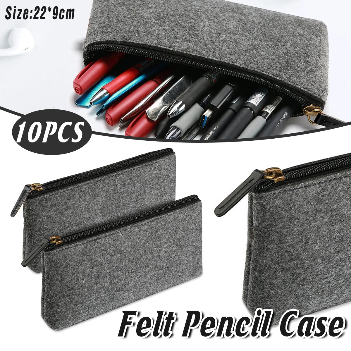10 Pcs Felt Pencil Case Set Large Capacity Grey Zipper