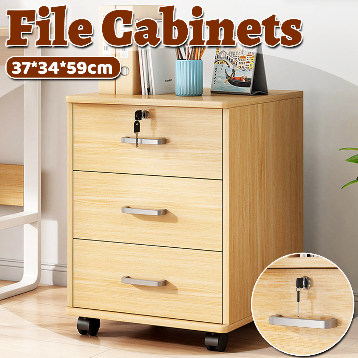 3-Drawer Rolling File Cabinet with Lock for Under-Desk Use