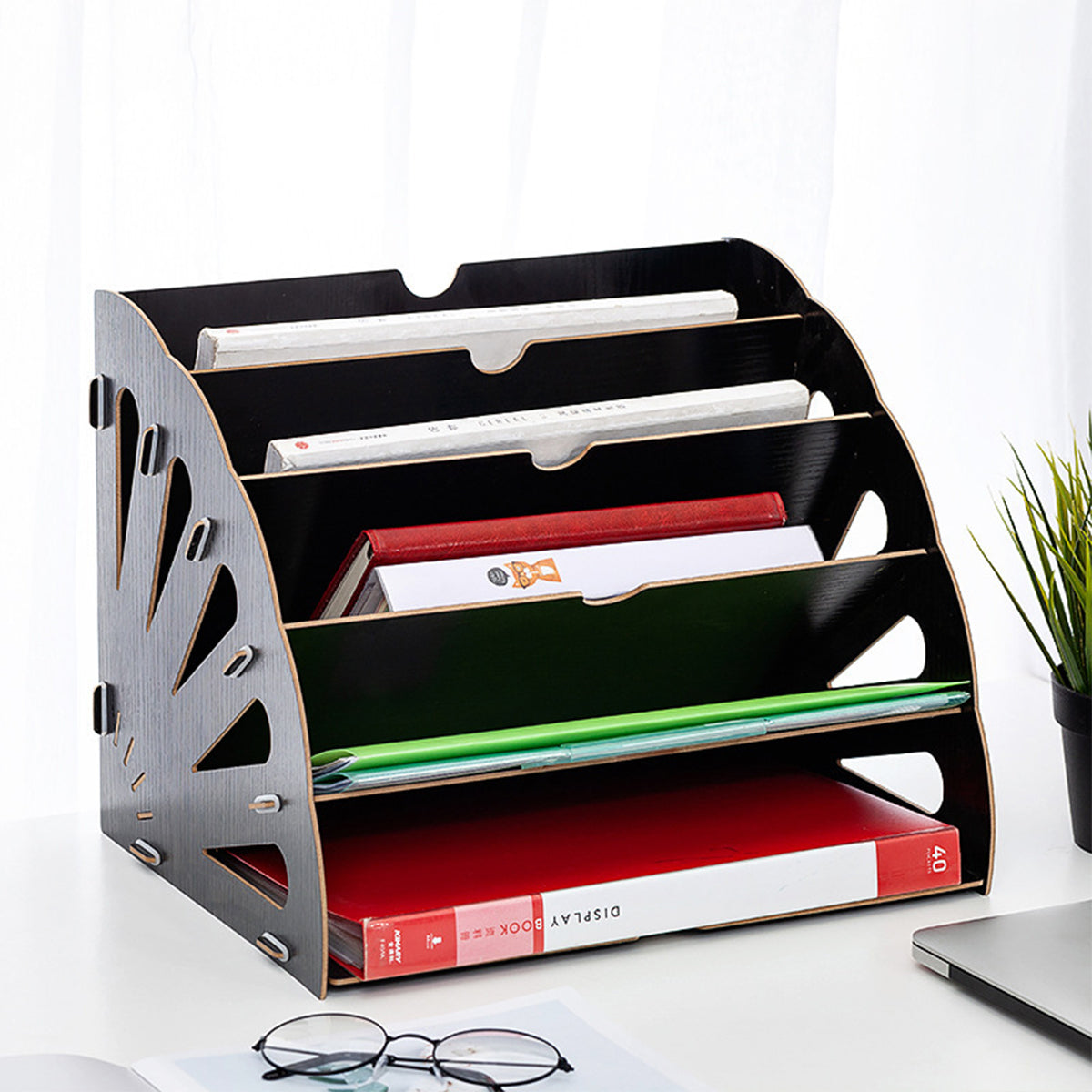 Multi Tier Fan Shaped Wood Desktop Storage Box