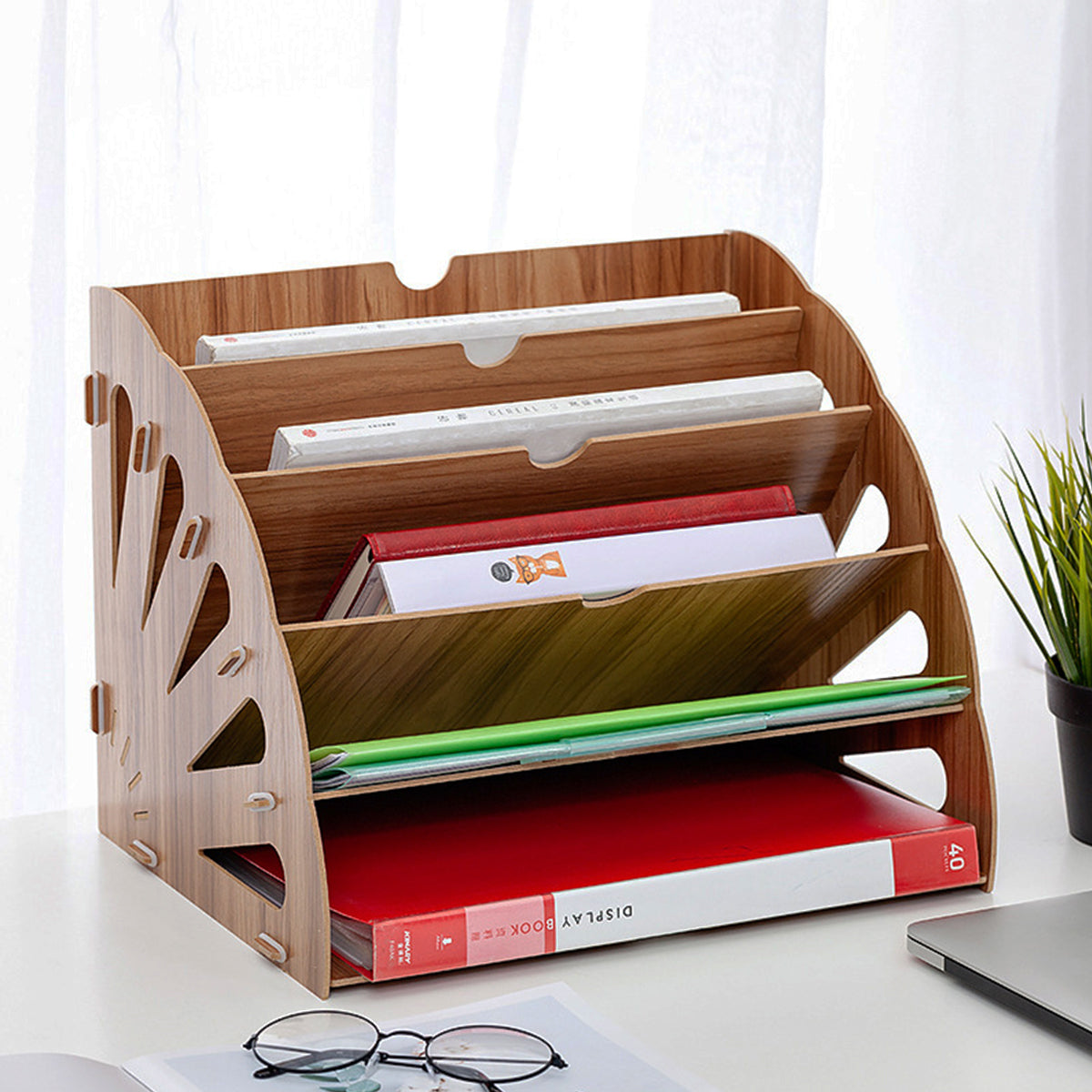 Multi Tier Fan Shaped Wood Desktop Storage Box