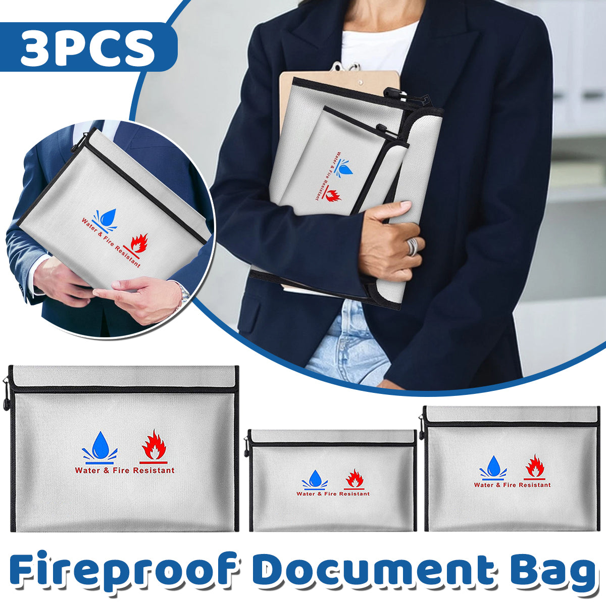 3 Pcs Fireproof Document Bag Water Resistant Coating