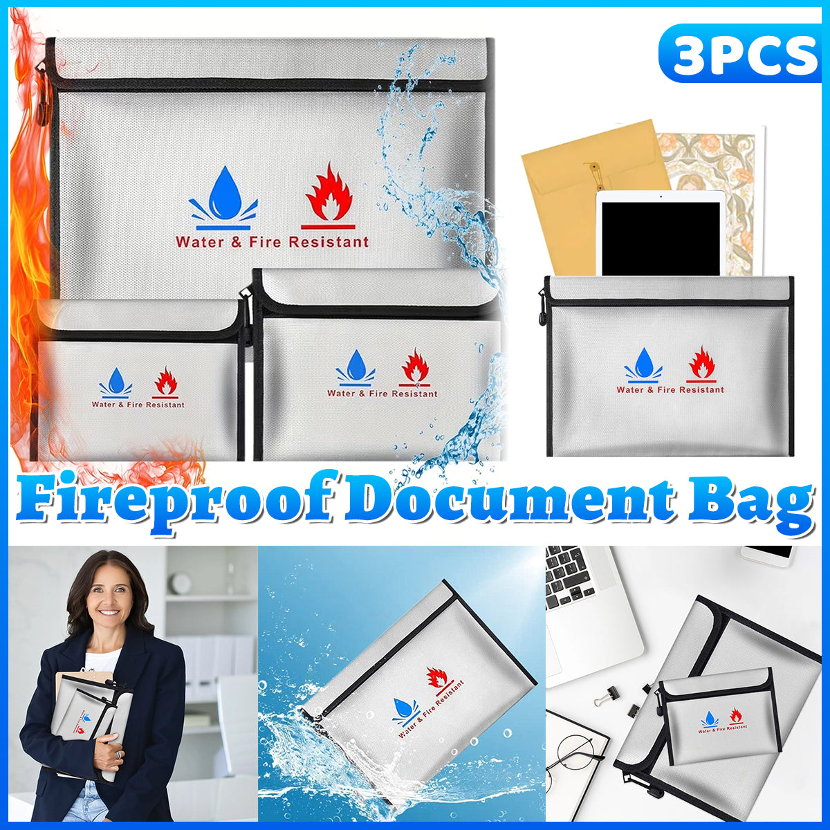 3 Pcs Fireproof Document Bag Water Resistant Coating