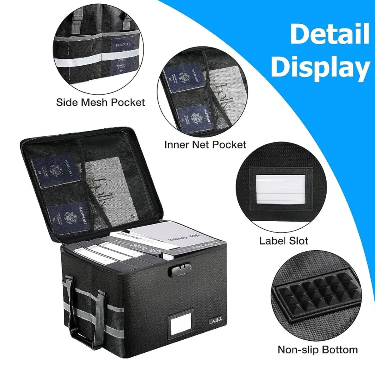 Fireproof File Box Lockable Foldable Storage with Pockets Black