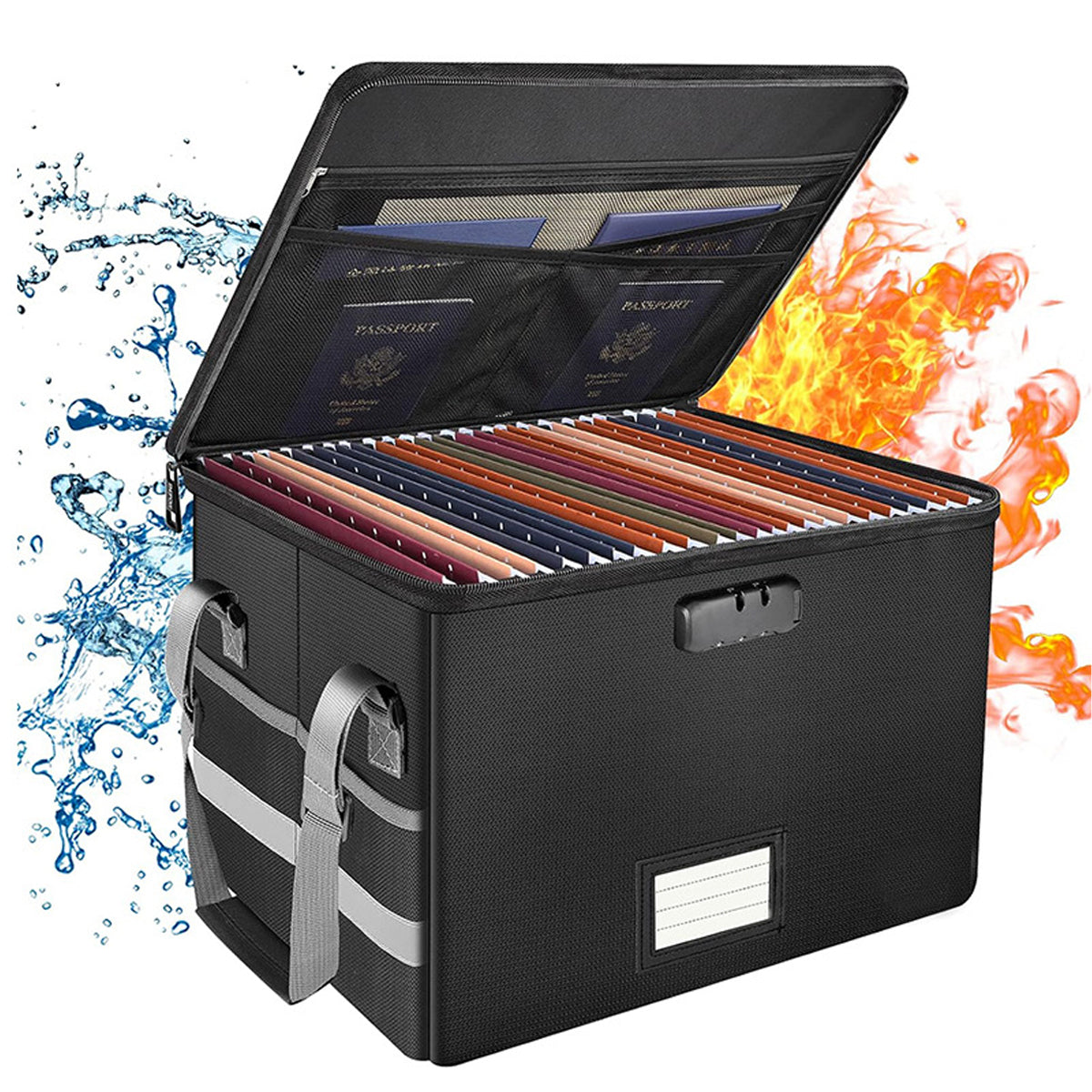 Fireproof File Box Lockable Foldable Storage with Pockets Black