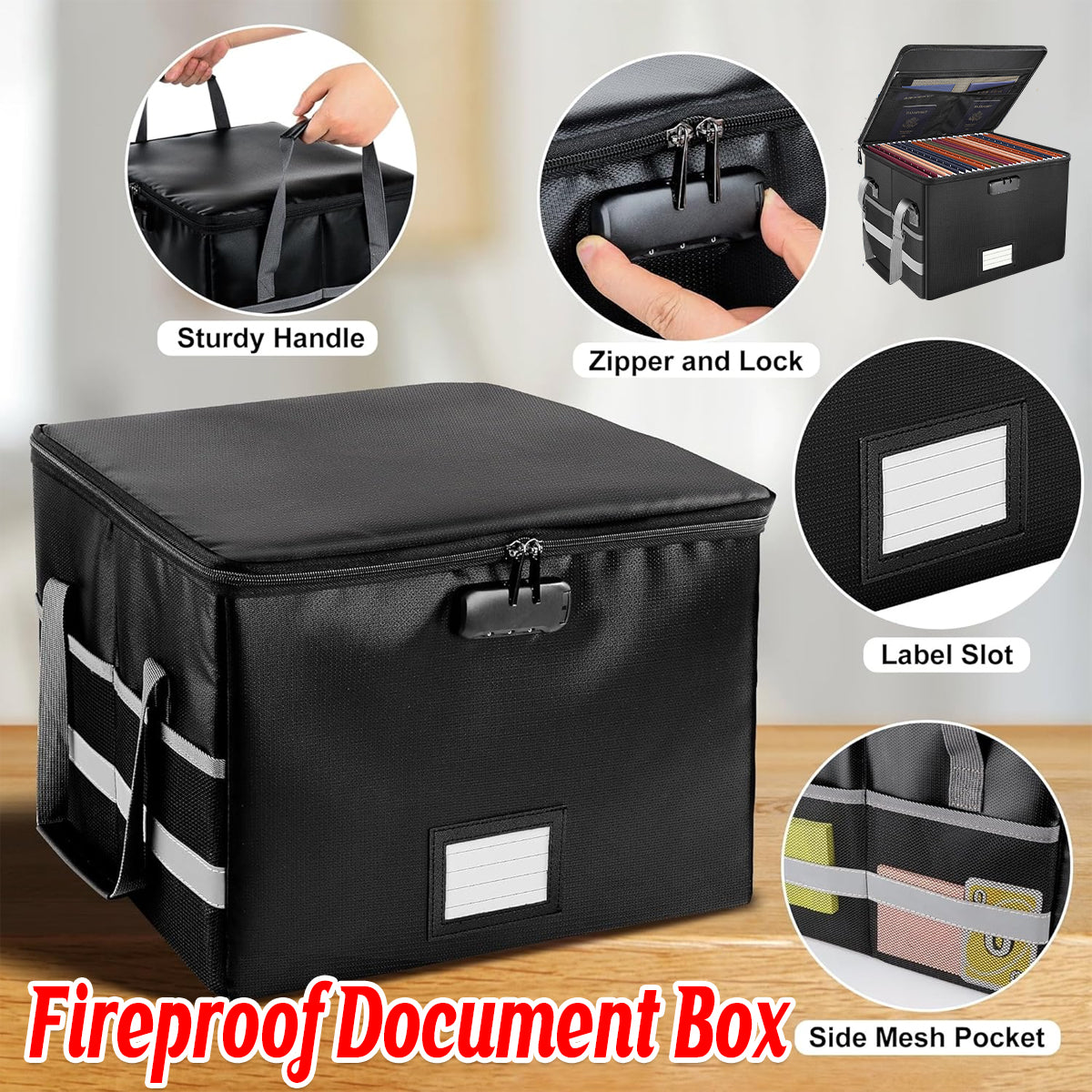 Fireproof File Box Lockable Foldable Storage with Pockets Black