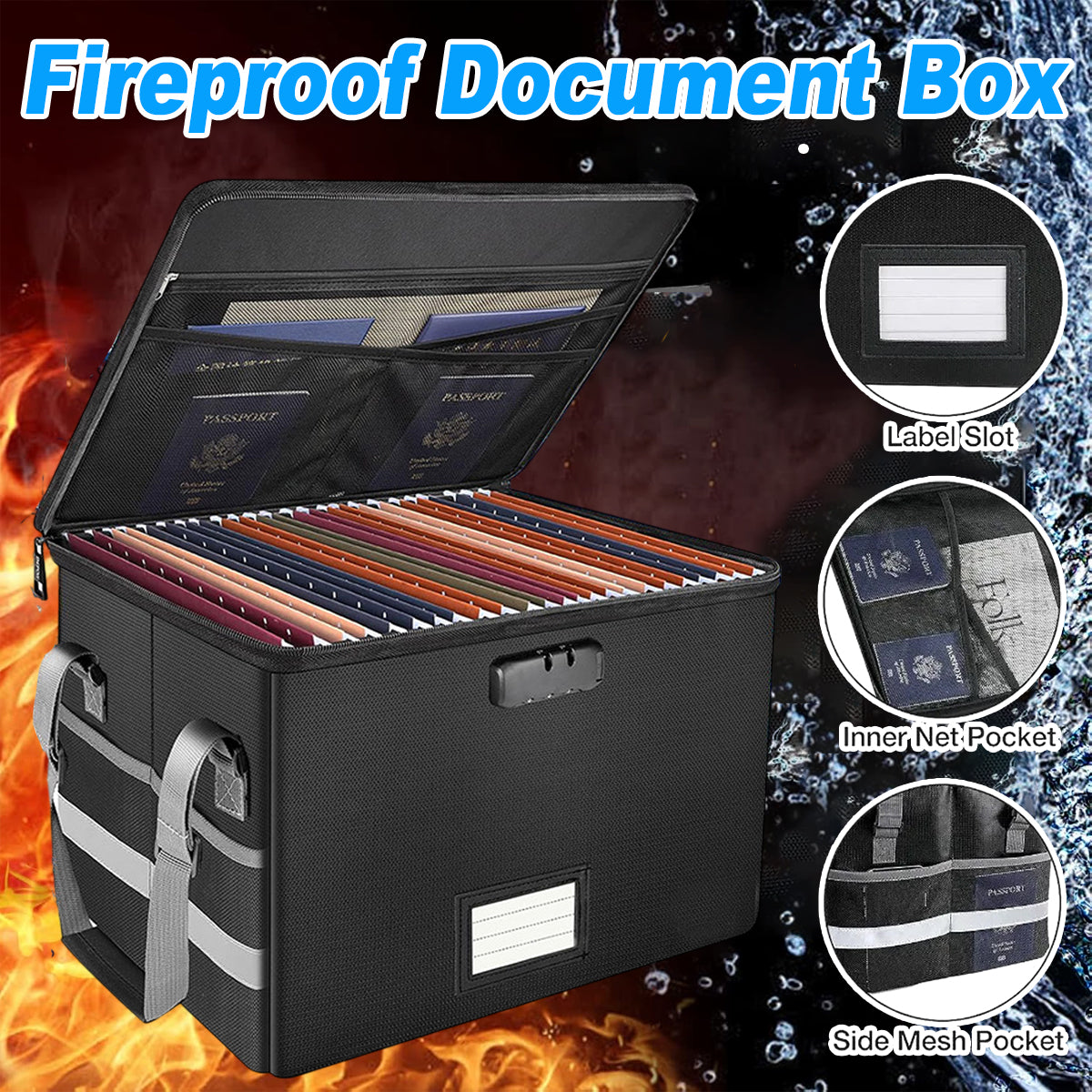 Fireproof File Box Lockable Foldable Storage with Pockets Black