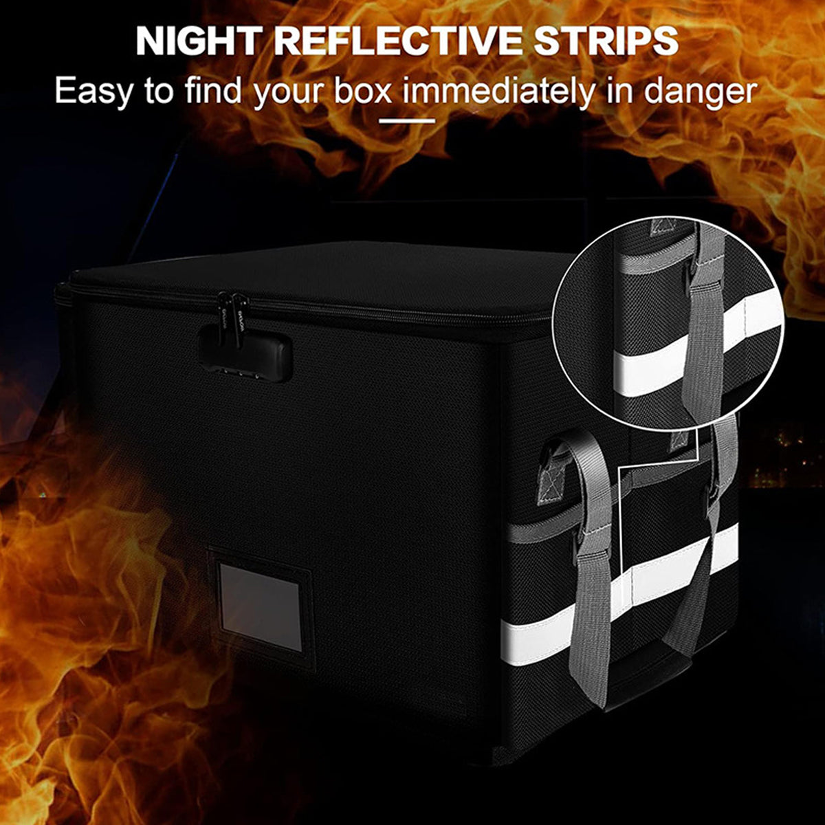 Fireproof File Box Lockable Foldable Storage with Pockets Black