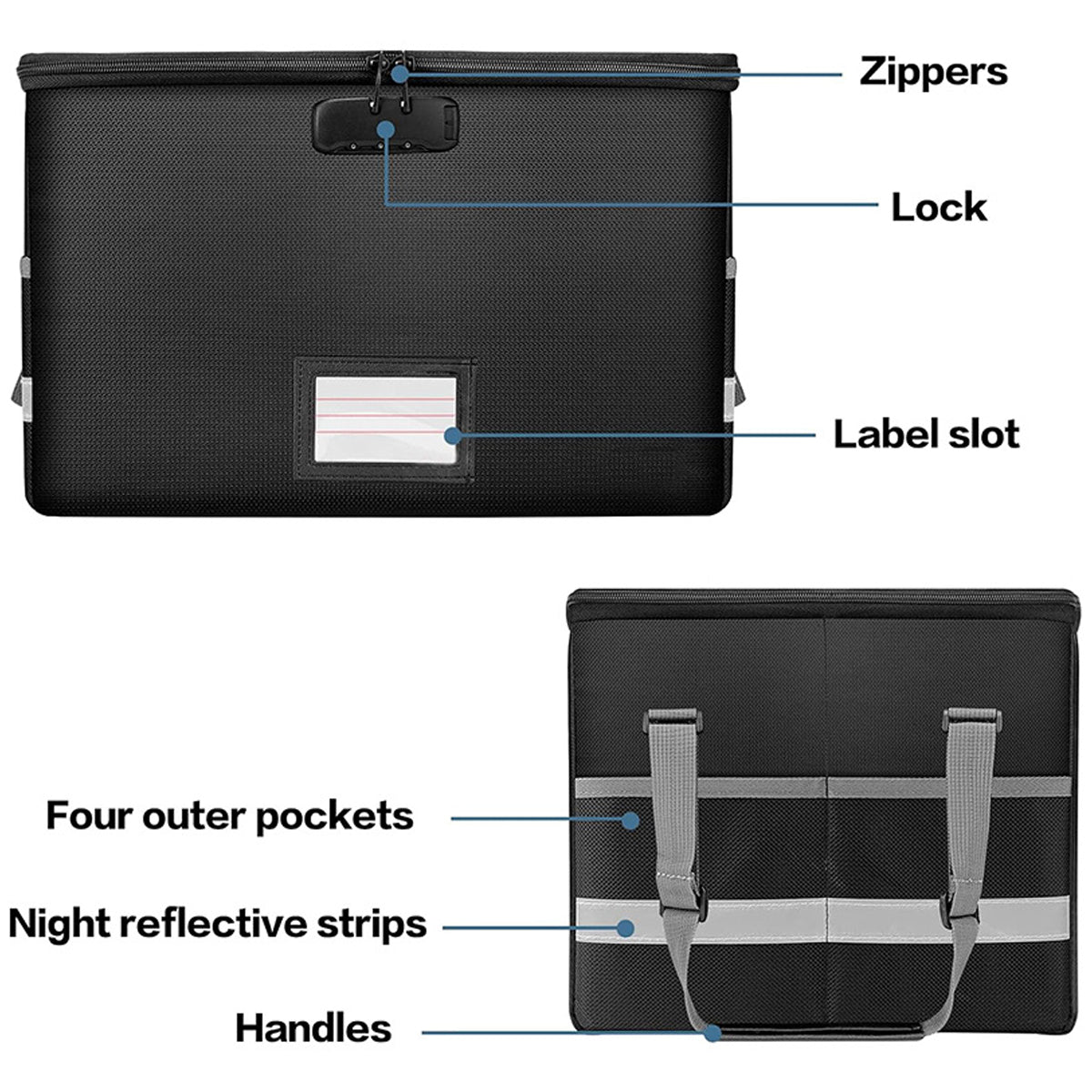 Fireproof File Box Lockable Foldable Storage with Pockets Black