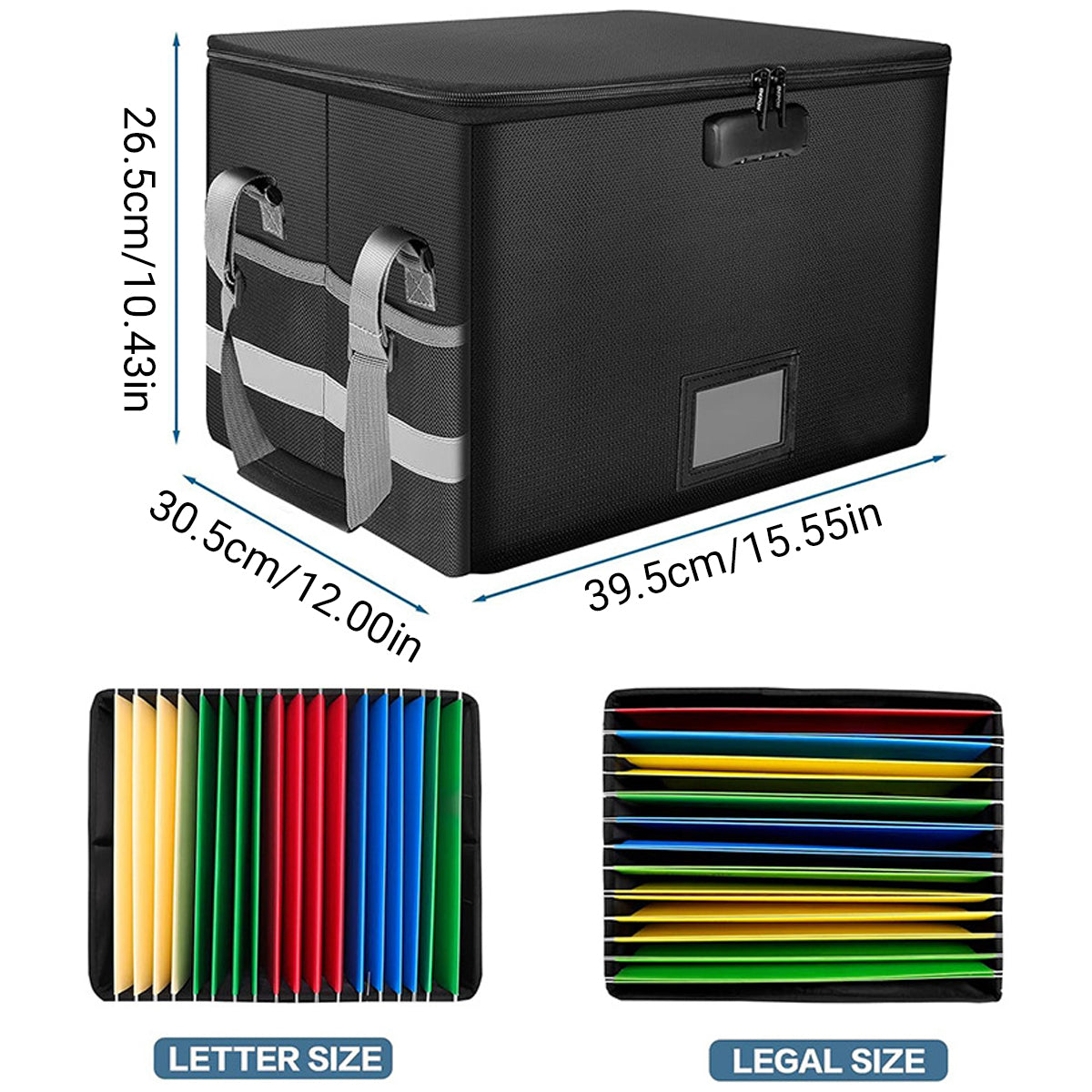 Fireproof File Box Lockable Foldable Storage with Pockets Black