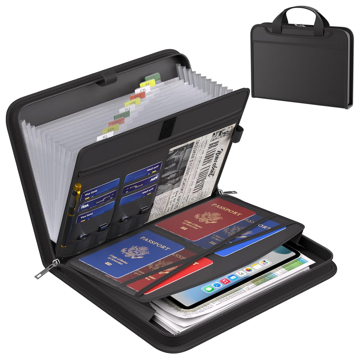 Fireproof Organ Folder with Handle Zipper Black Multi-Pocket