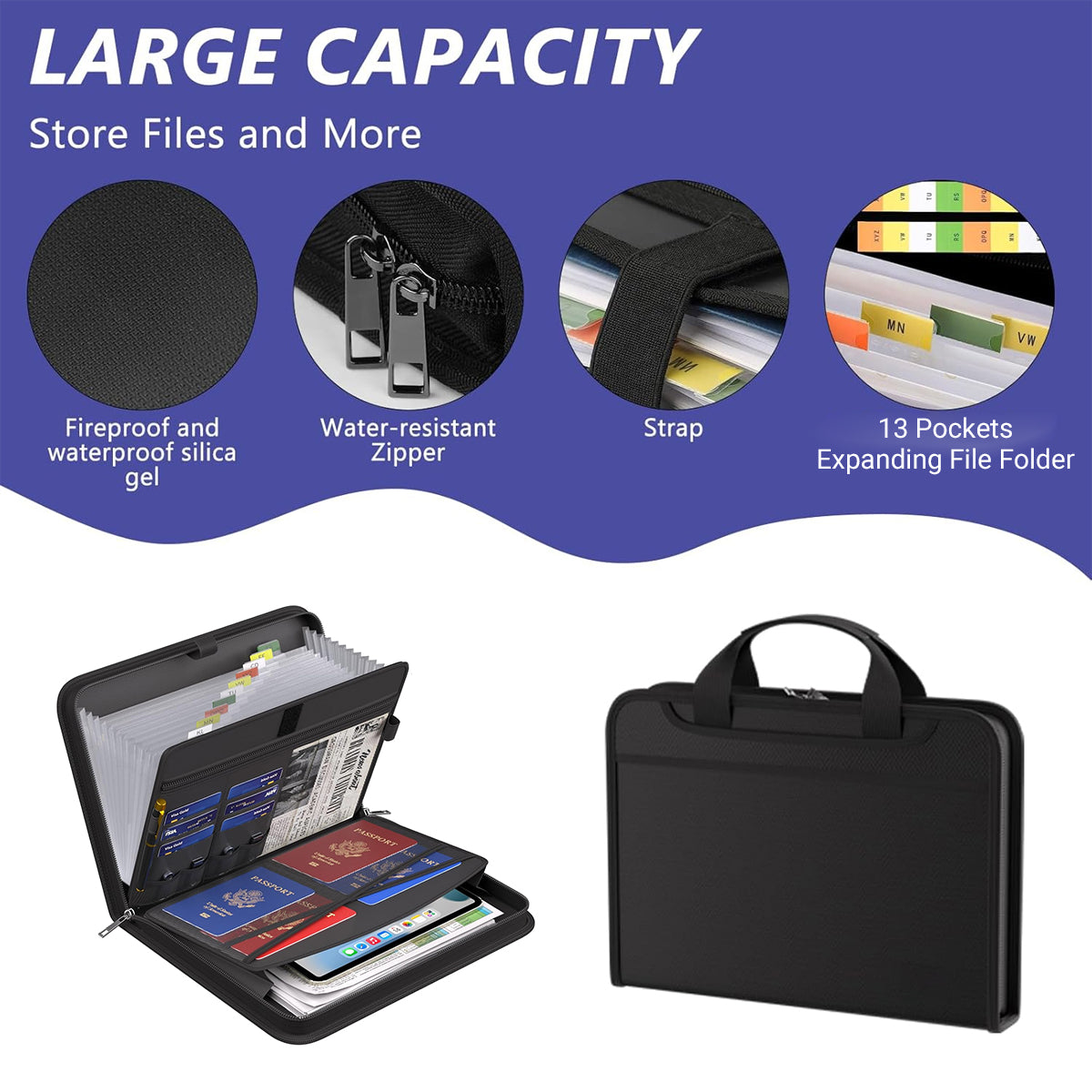Fireproof Organ Folder with Handle Zipper Black Multi-Pocket