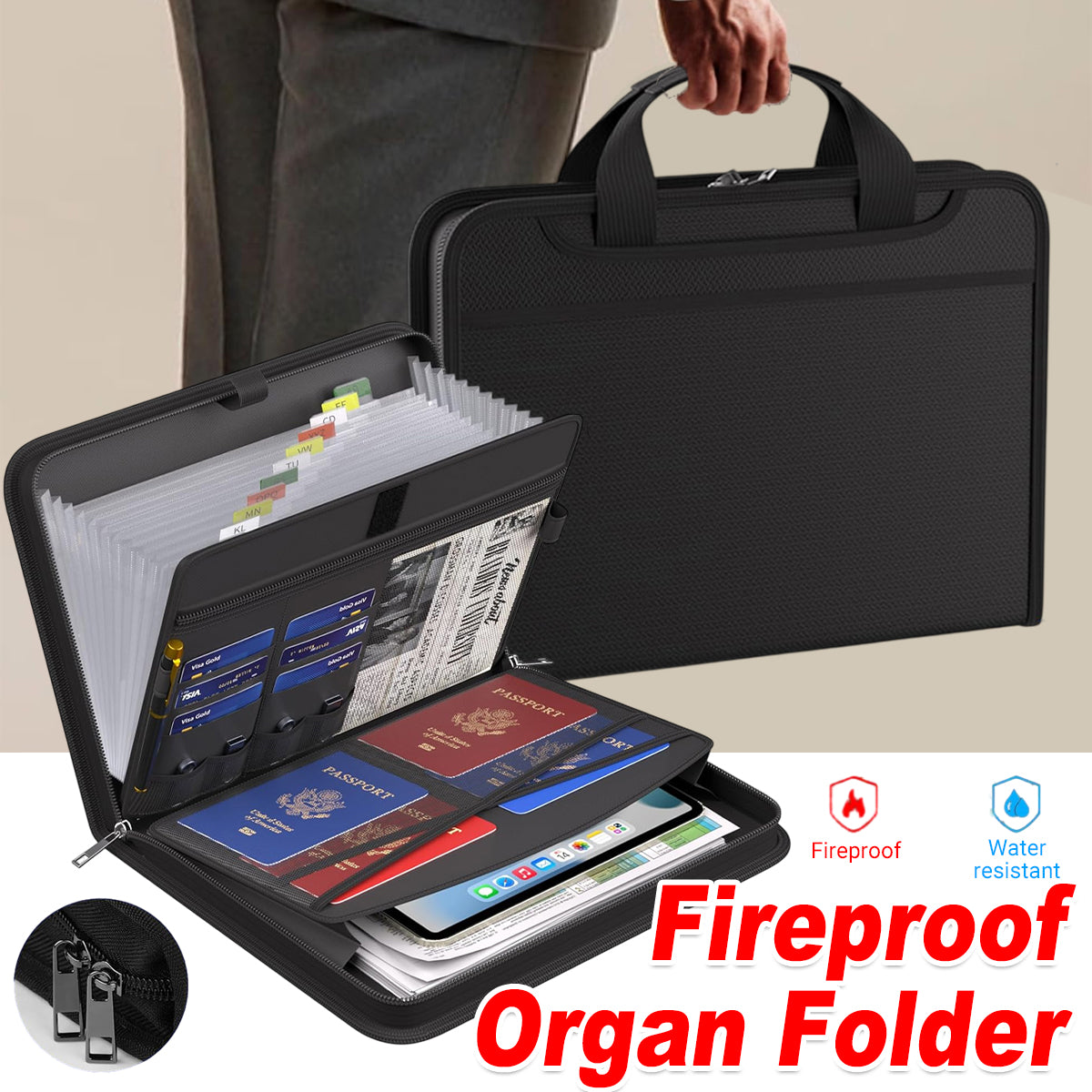 Fireproof Organ Folder with Handle Zipper Black Multi-Pocket