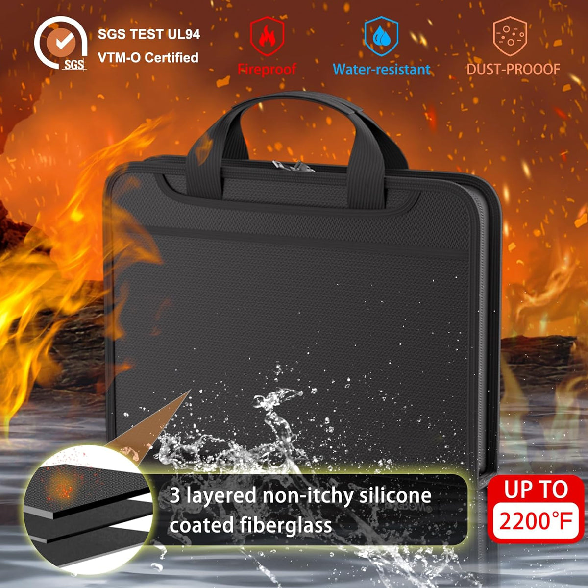 Fireproof Organ Folder with Handle Zipper Black Multi-Pocket