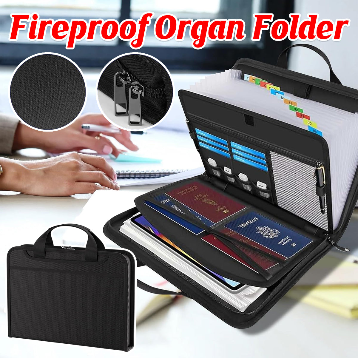 Fireproof Organ Folder with Handle Zipper Black Multi-Pocket