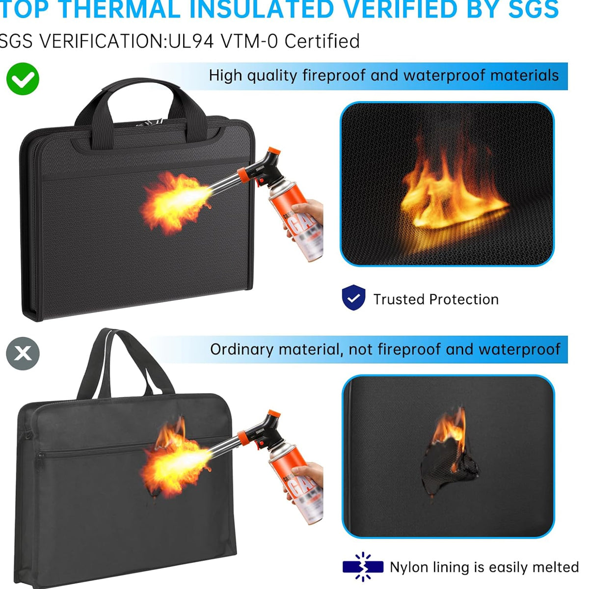 Fireproof Organ Folder with Handle Zipper Black Multi-Pocket