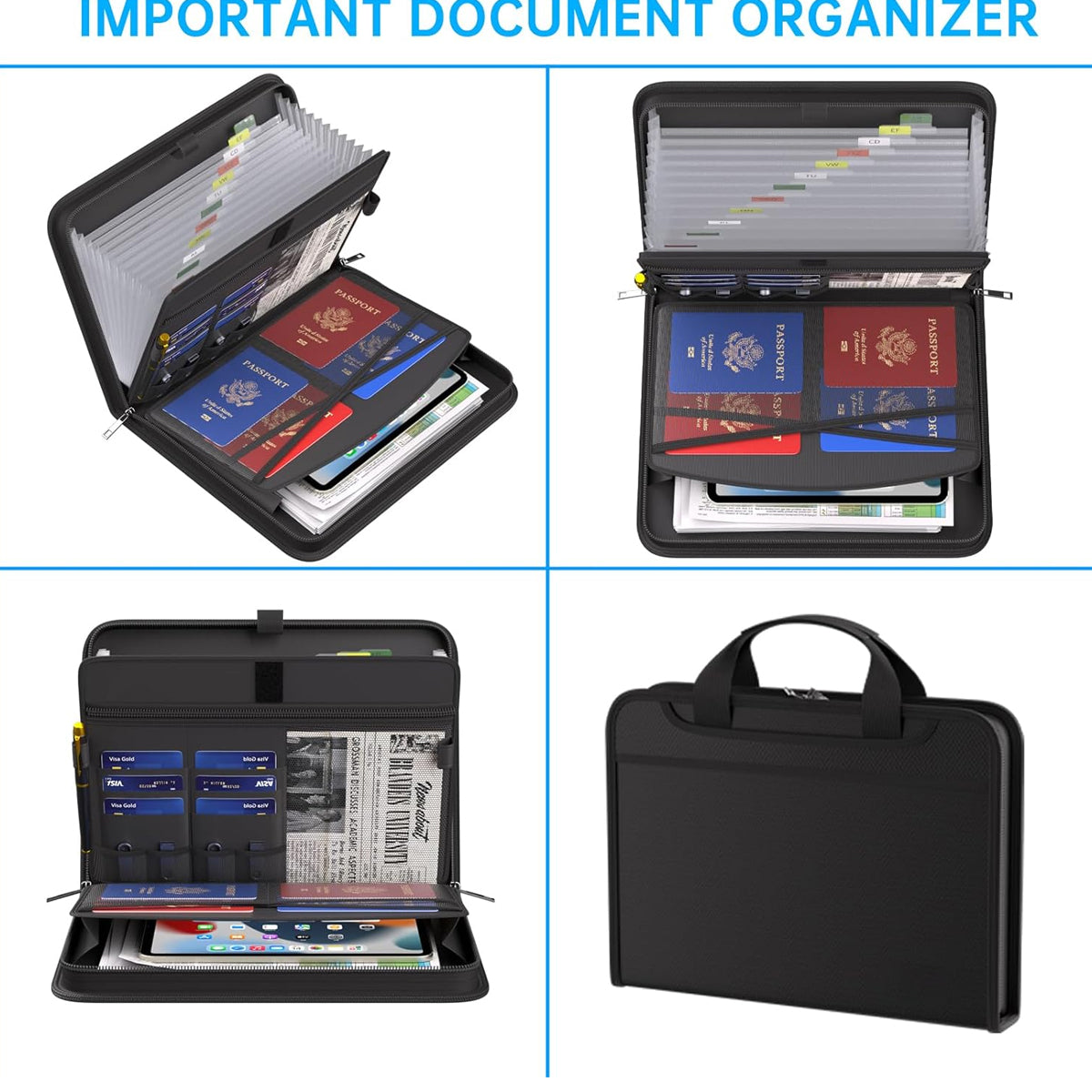 Fireproof Organ Folder with Handle Zipper Black Multi-Pocket