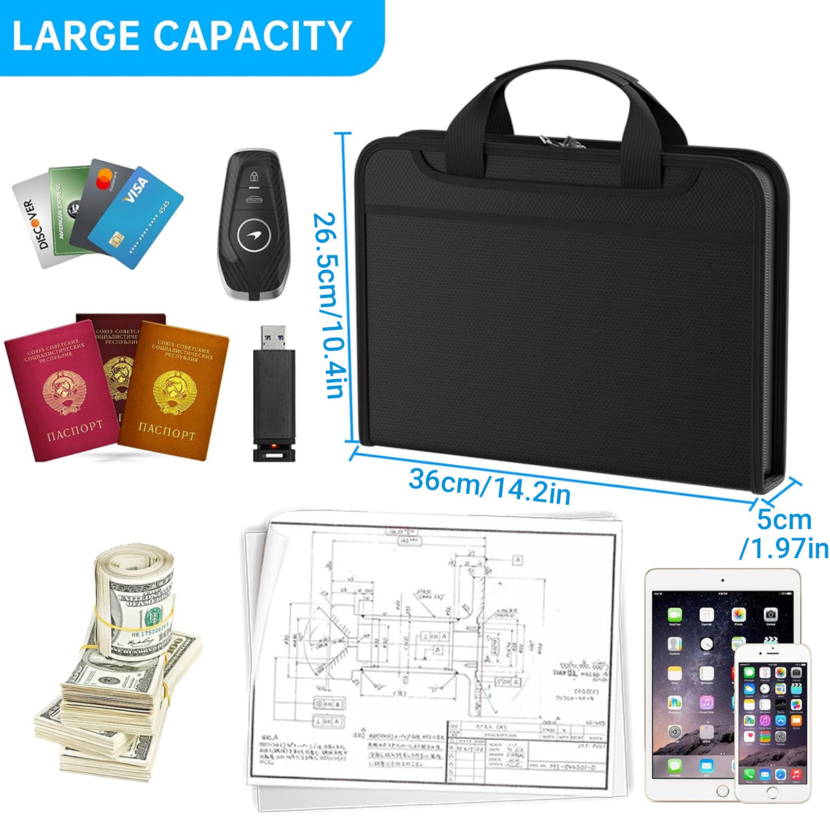 Fireproof Organ Folder with Handle Zipper Black Multi-Pocket